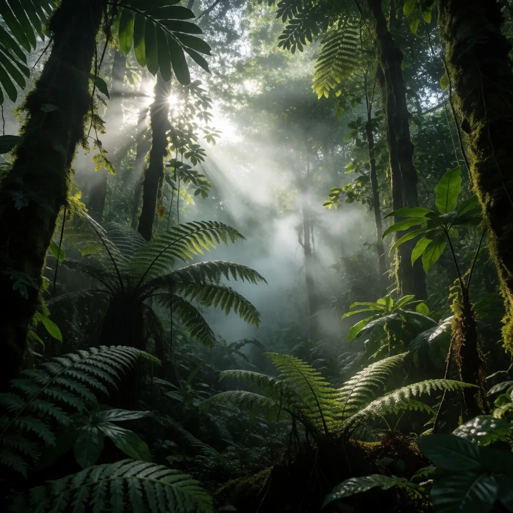 Sunrise over a dense Indonesian rainforest canopy