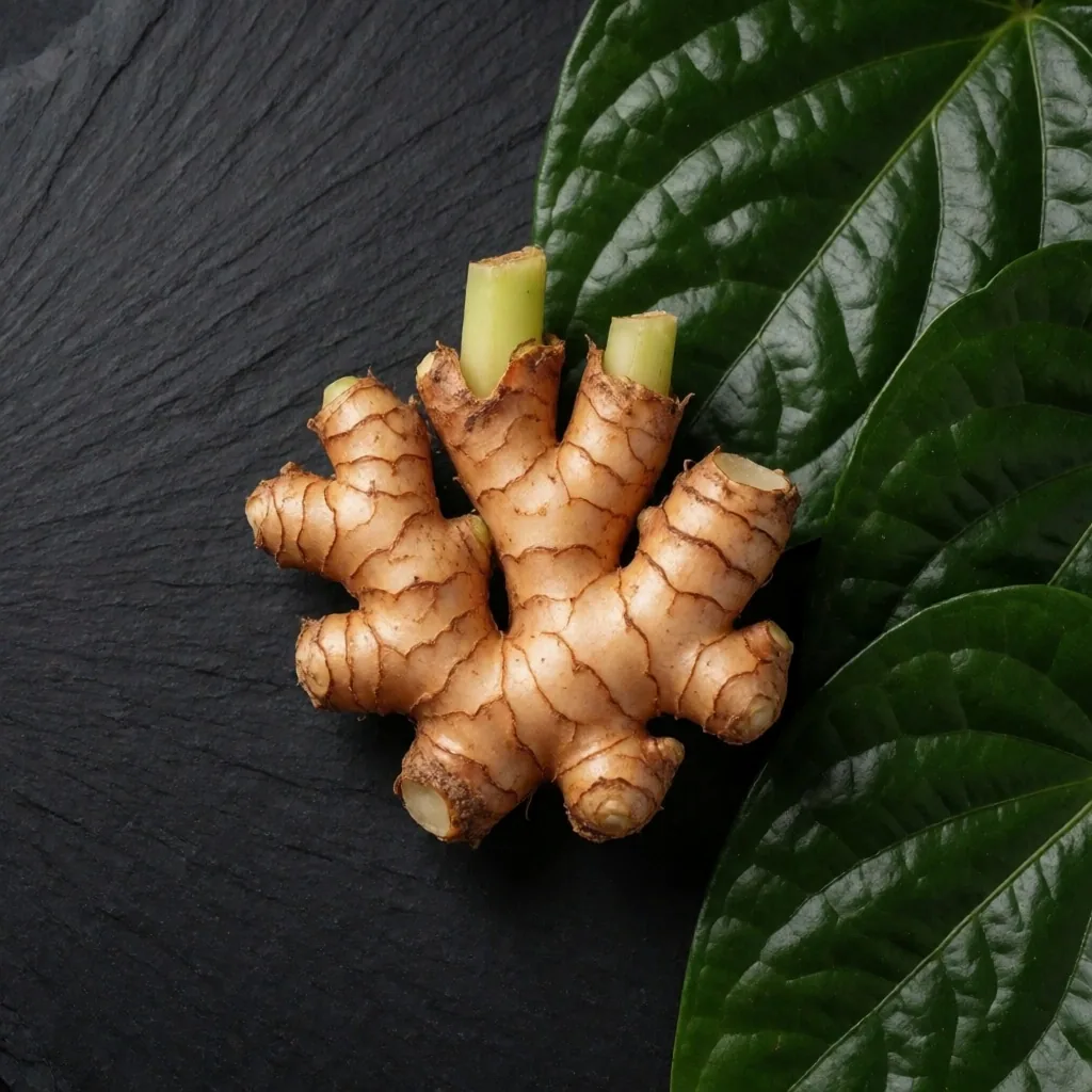 Botanical ingredients arranged on a dark surface