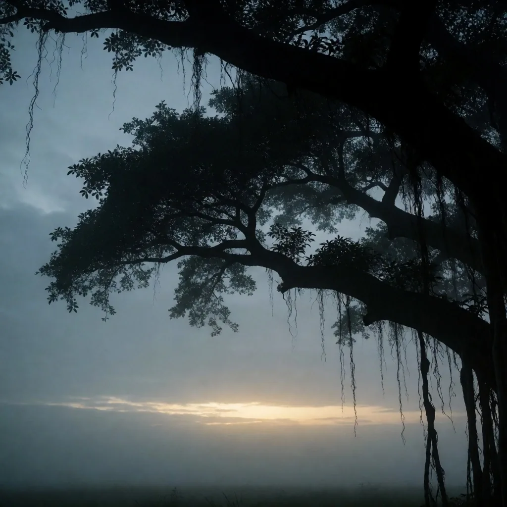 Tree silhouettes against misty dawn sky