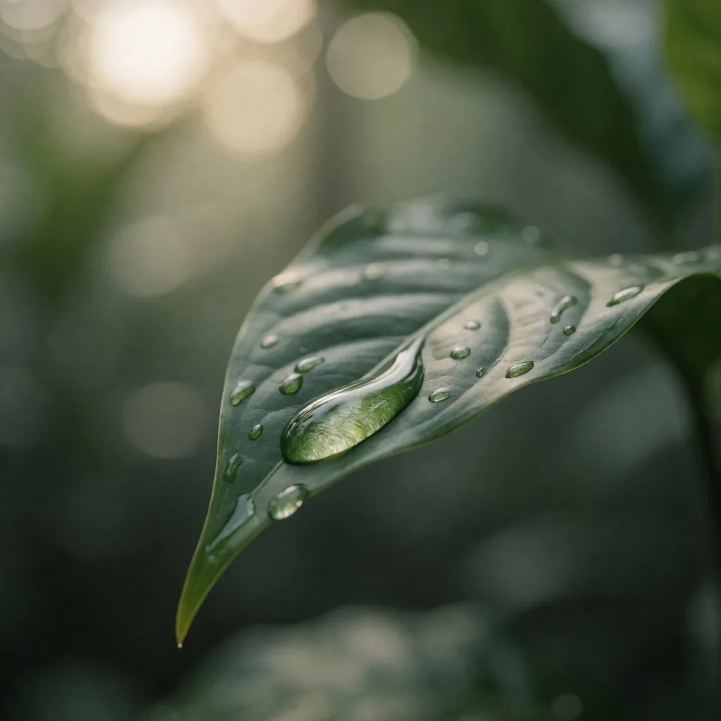 Dewdrop on a tropical leaf at dawn