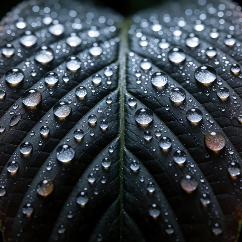 Dewdrops on a green tropical leaf