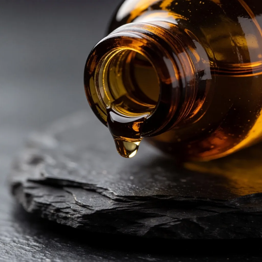 Amber glass supplement bottle on dark surface