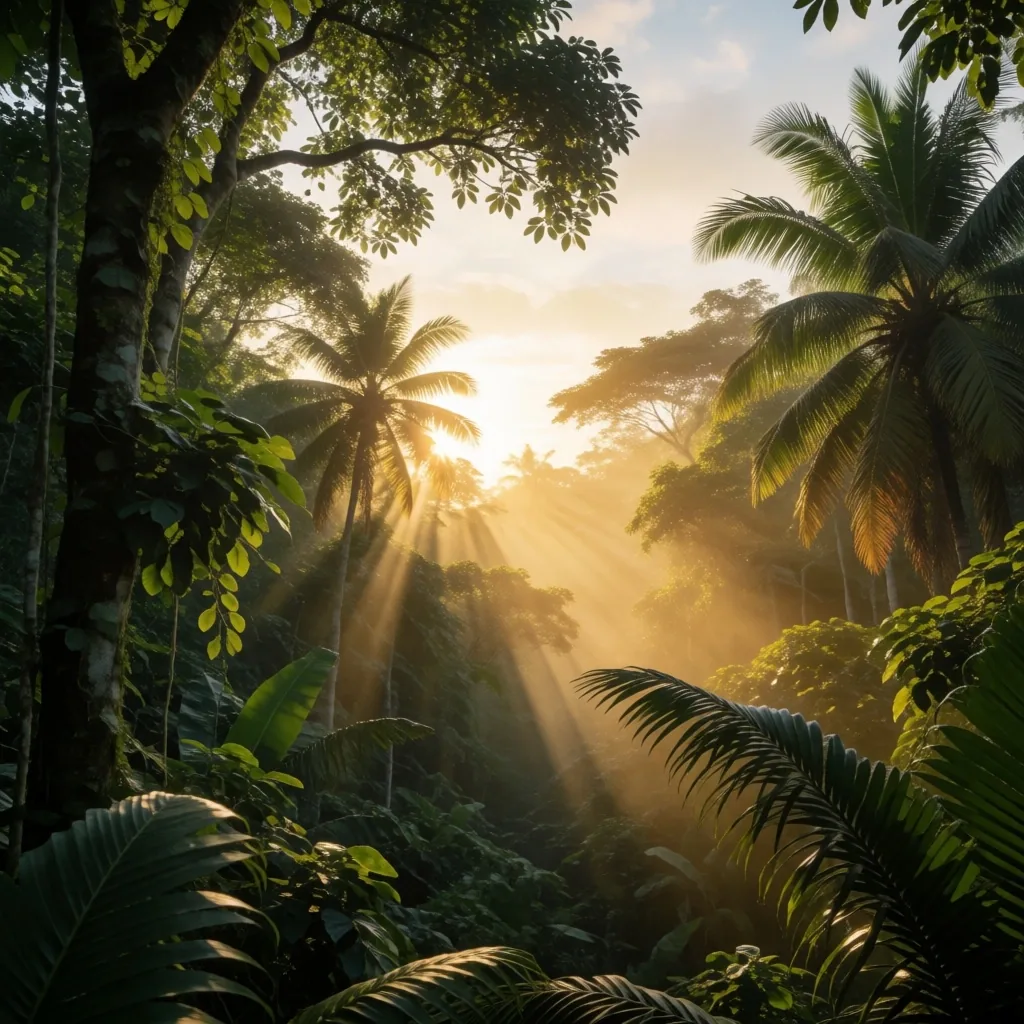Morning sunlight through tropical canopy