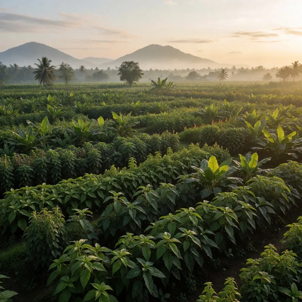 Aerial view of Indonesian herbal plantation at dawn