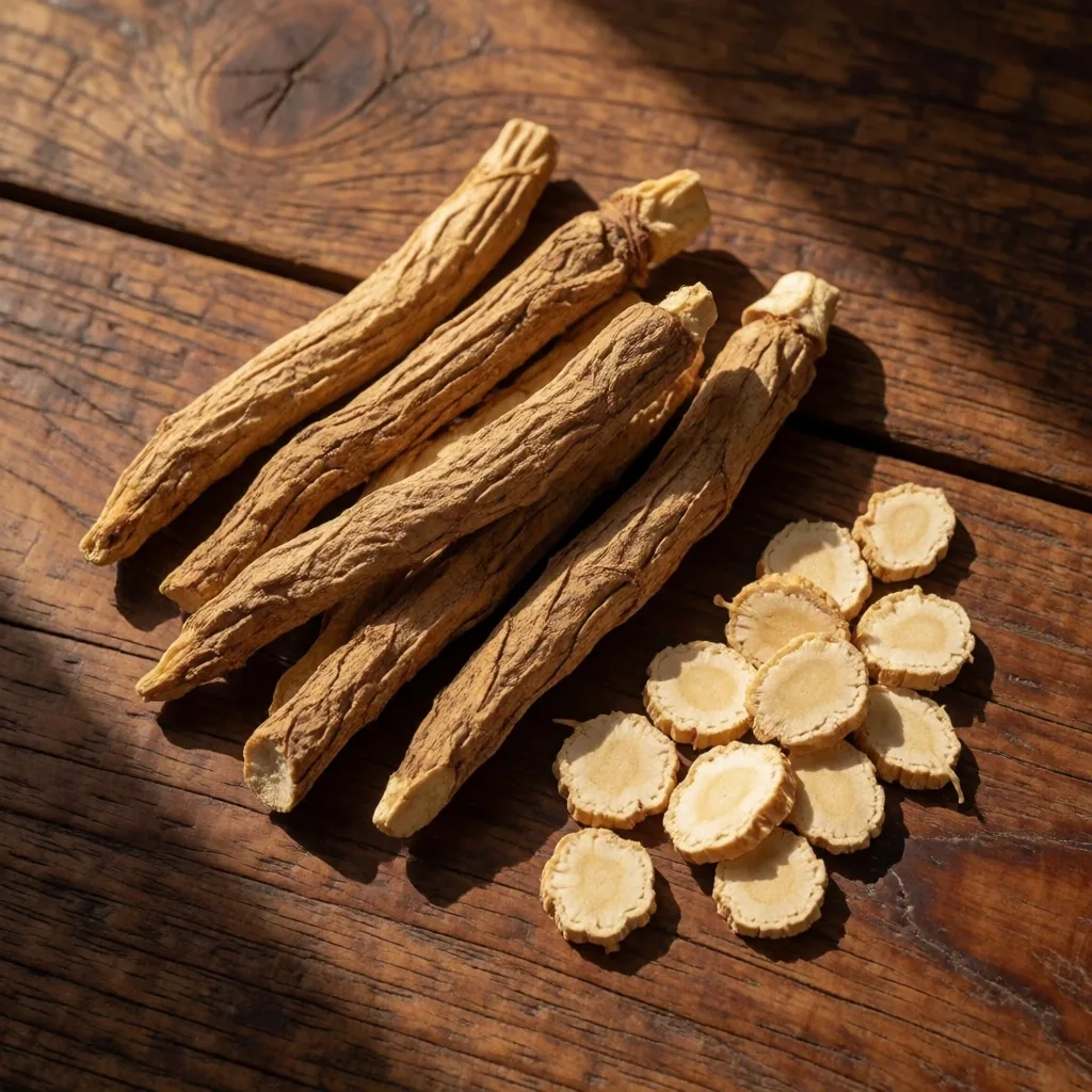 Collection of dried herbal roots on dark wood