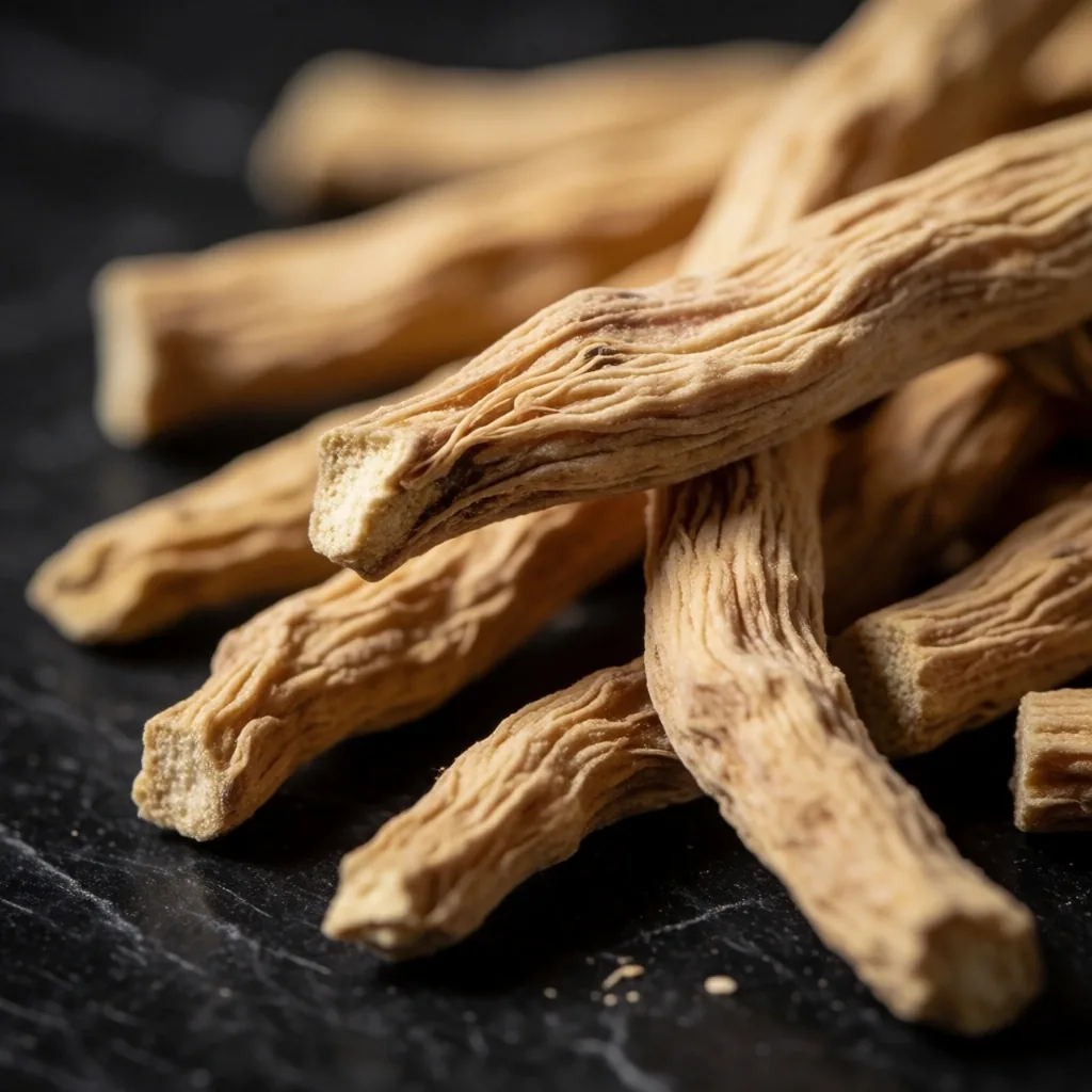 Dried ashwagandha roots on a dark surface