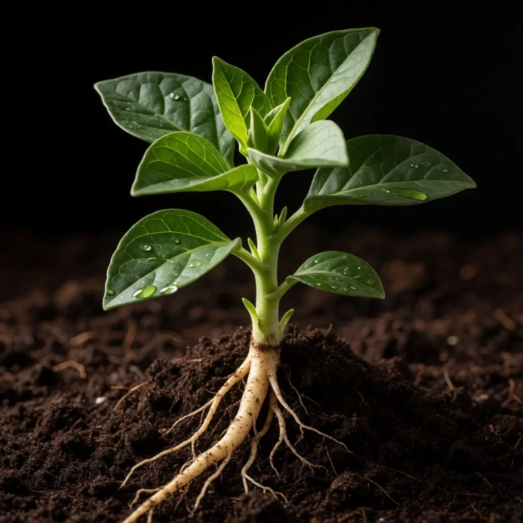 Fresh ashwagandha plant with leaves and root