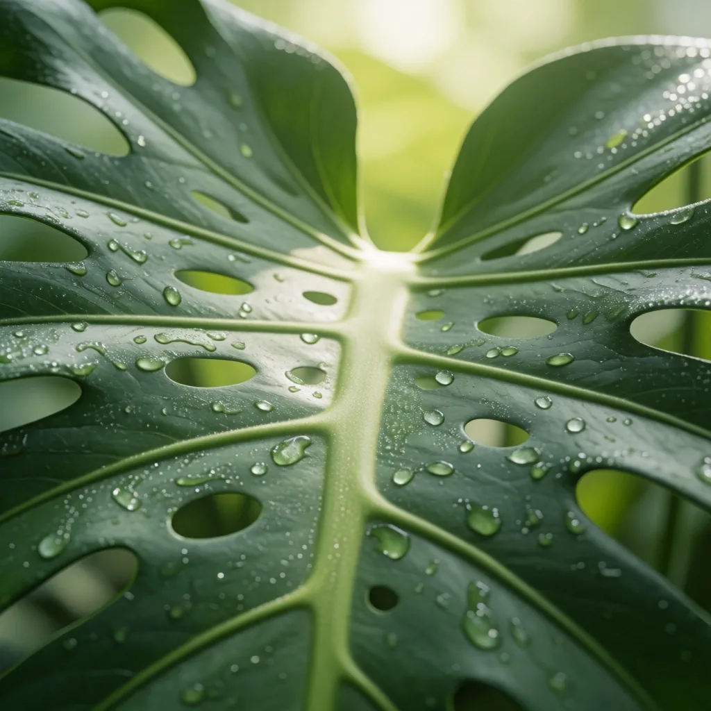 Macro view of a tropical green leaf with water droplets
