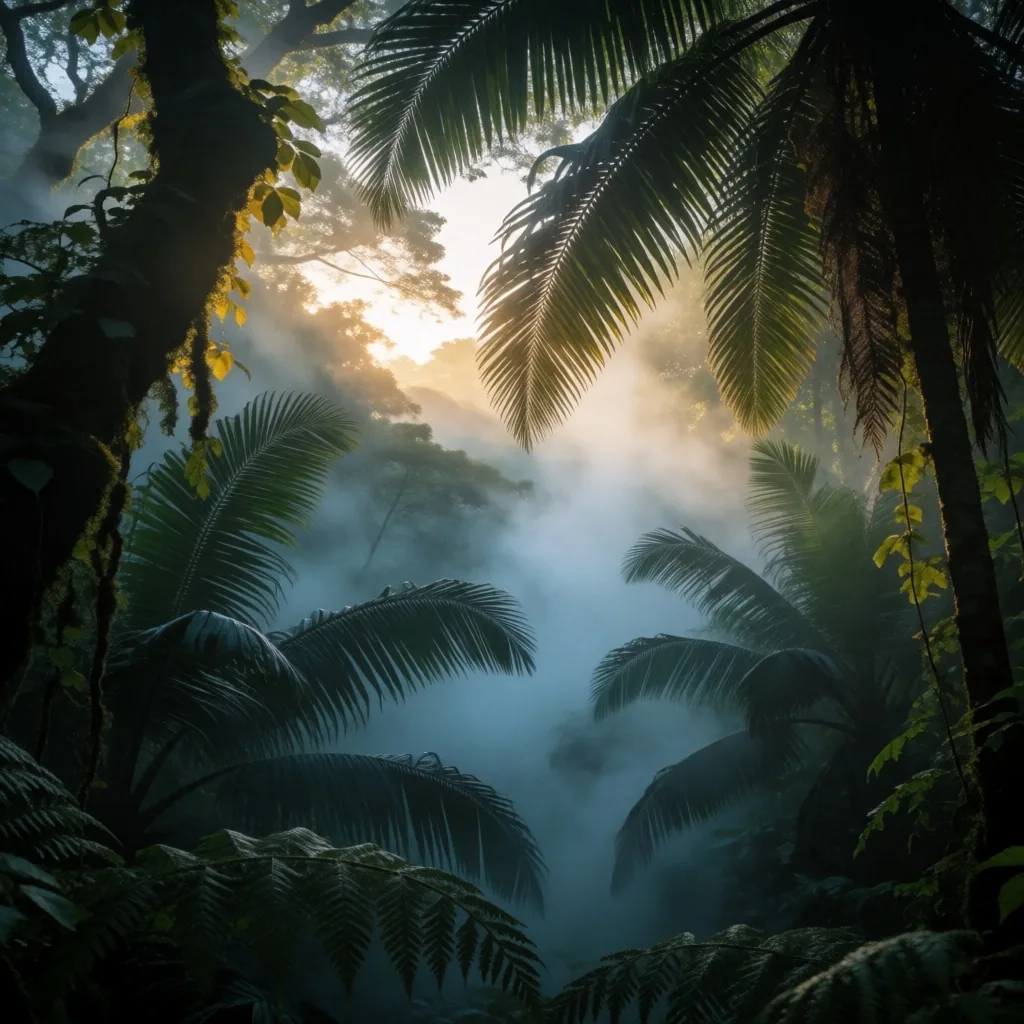 Misty tropical forest canopy at dawn in Indonesia