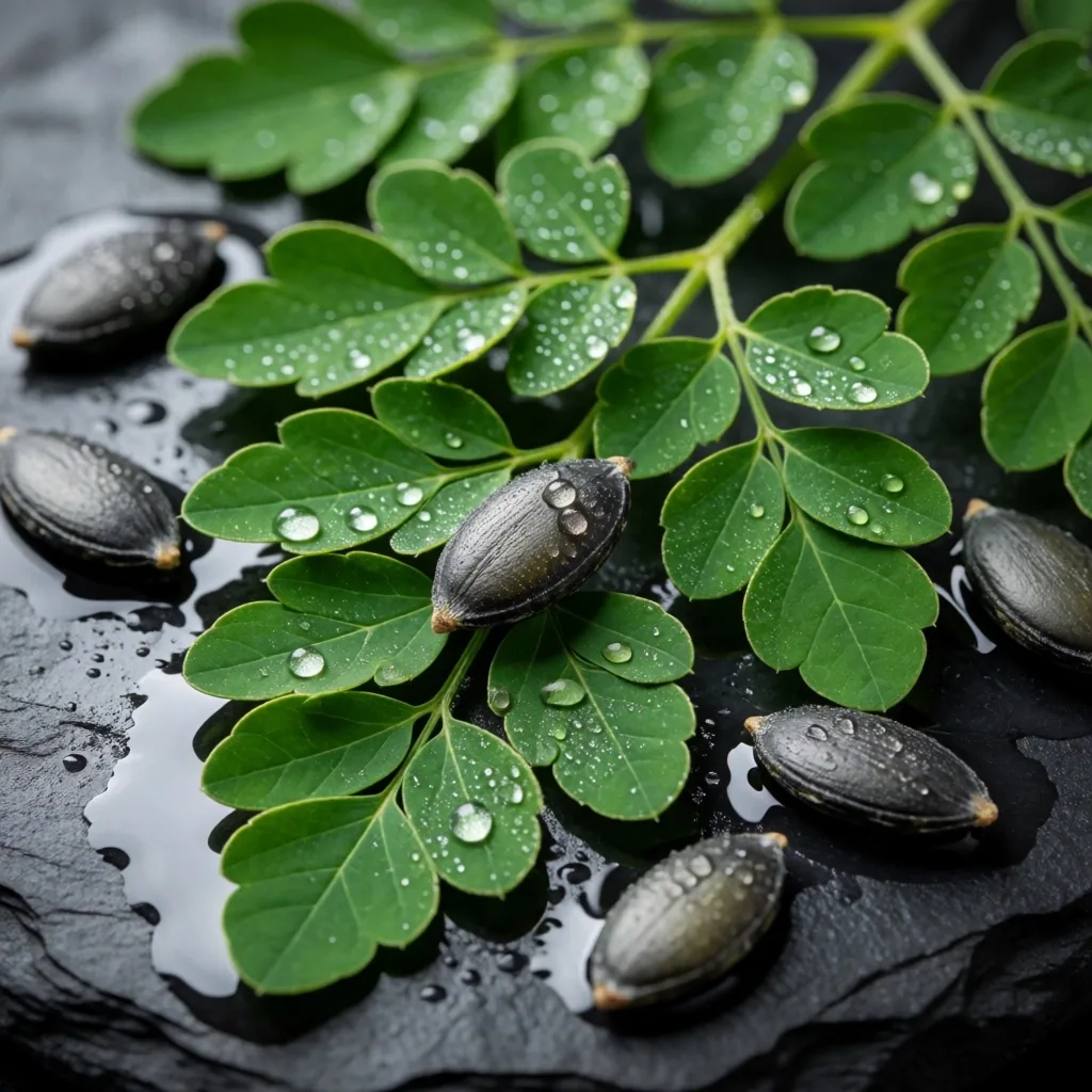 Moringa leaves and pumpkin seeds on dark stone