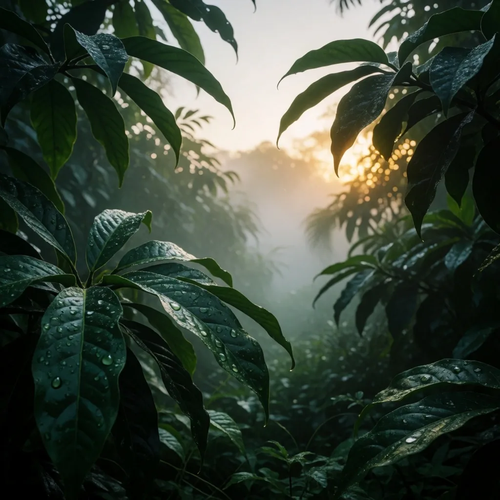 Indonesian botanical orchard at dawn