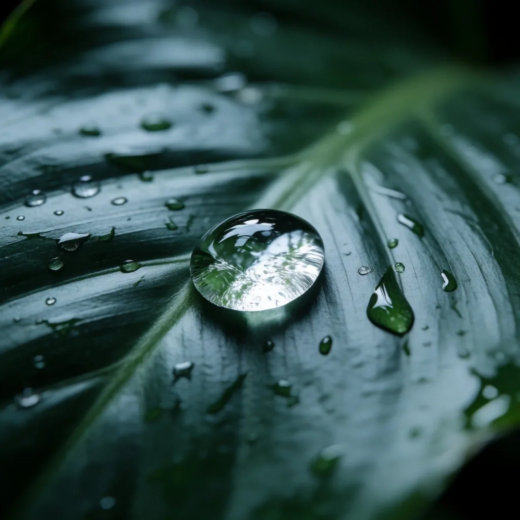 Dewdrop on a tropical leaf