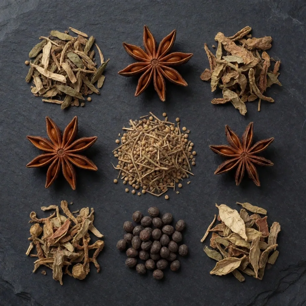 Dried herbs on dark surface