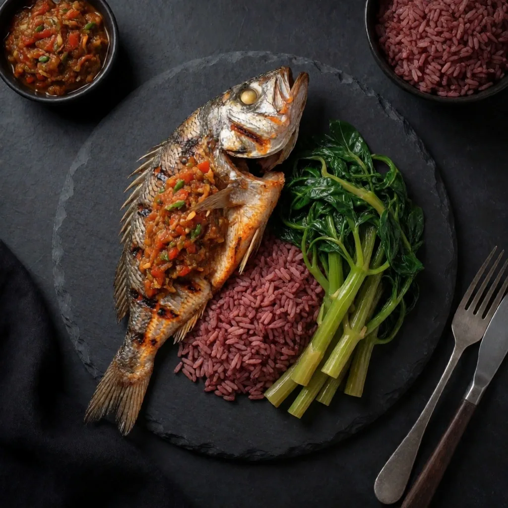 Healthy Indonesian meal on a dark plate