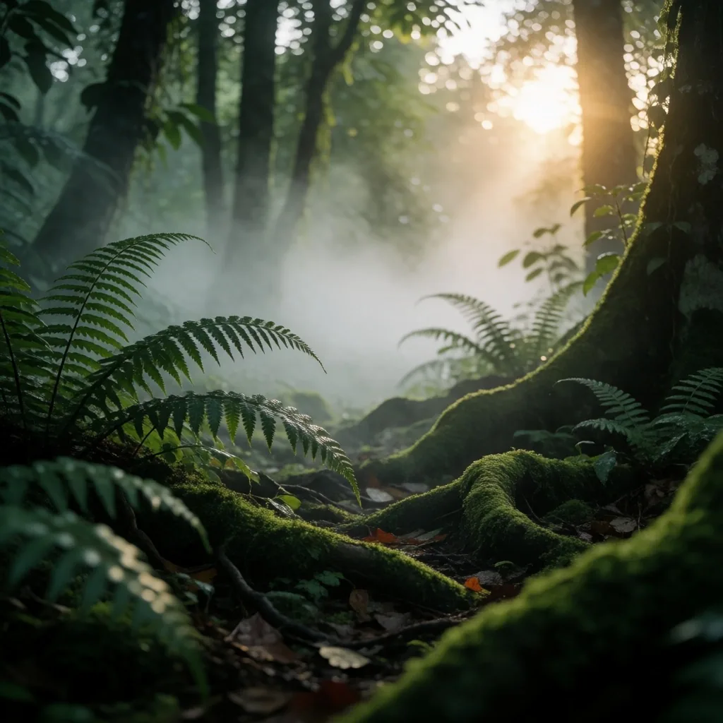 Misty tropical canopy at dawn over dense green ferns